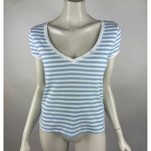 Frame Le Button‎ V-Neck Striped Tee Women S EUC Supima Cotton Striped Stretch
